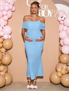 Loomaby Robe élégante pour soirée avec épaules dénudées, couleur unie avec décoration florale 3D, pour femmes enceintes