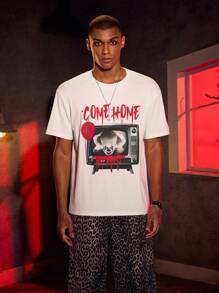 IT x SHEIN Men's Letter & Figure Graphic Round Neck Short Sleeve T-Shirt - White - View 3