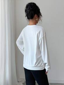 Elenzga Women's White Casual/Commute Bowknot Faux Pearl Decor Long Sleeve Sweatshirt, Autumn Fall Cloth For Women