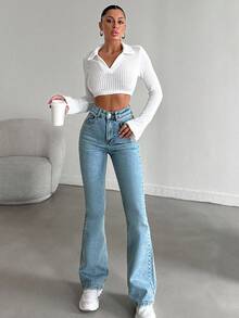 EURMUSE Women High-Waisted Pocket Design Flared Casual Versatile Jeans - Light Wash - View 4