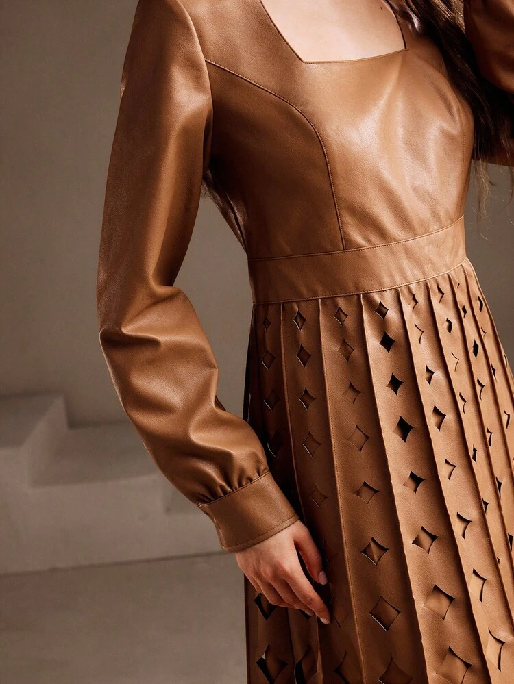 Women's Khaki Leather Patchwork PU Laser Cut Hollow Floral Long Dress, Elegant & Dignified, Autumn/Winter