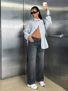 EURMUSE Quần jean denim ống đứng lưng thấp màu xám đậm - màu đen - Xem 3
