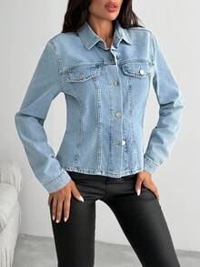EURMUSE Women's Casual Washed Fitted Denim Jacket - Medium Wash - View 3