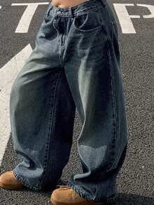 Dazy Plus Washed Distressed Loose Wide Leg Baggy Jeans, Street Style, All Season - Medium Wash - View 1