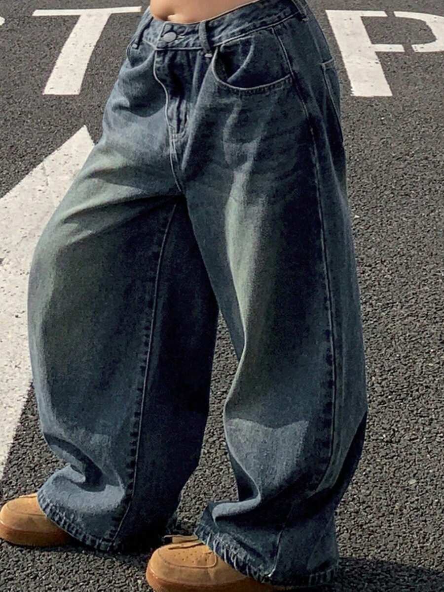 Dazy Plus Washed Distressed Loose Wide Leg Baggy Jeans, Street Style, All Season - Medium Wash - View 1