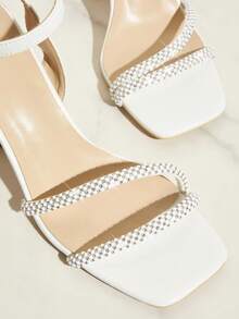 SHUZIA Dép xăng đan màu trơn thời trang nữ có trang trí đính cườm trên giày cao gót - Màu be - Xem 4