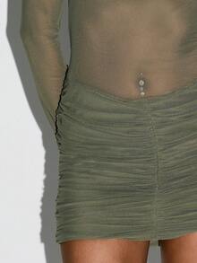 KIZN Mesh Long Sleeve Ruched Mini Dress See Through Party Club Dress Sheer Overlay Bandeau Top Gathered Skirt Fashion Statement Bodycon Evening