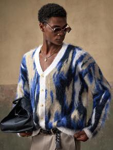 AKNOTIC 男士提花开衫，单排扣，休闲百搭，适合秋冬季、圣诞节、新年等场合，尽显魅力 - 藍白色 - 查看 5