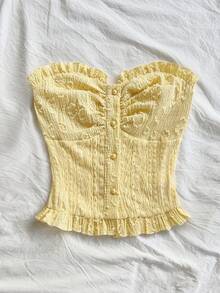 Soleia 女式浅黄色休闲纹理面料荷叶边下摆纽扣前背心，适合派对、圣诞节、约会、夜总会、波西米亚风、波西米亚风、度假、秋季 - 淡黃色 - 查看 4