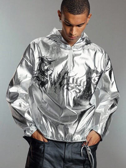 ROMWE Avant Sudadera con capucha de manga larga con estampado de letras, hombros caídos y media cartera con cremallera para hombres