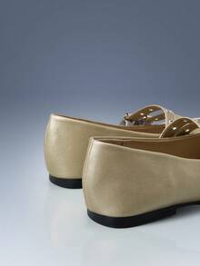 CUCCOO GRLICON 圆头索环带女士平底乐福鞋，适合机车风、朋克风、芭蕾风、男女通用风、夏季度假风 - 金色 - 查看 4