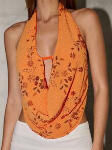 SHEIN BAE 女式花卉亮片垂坠领性感时尚上衣 - 橘色 - 查看 6