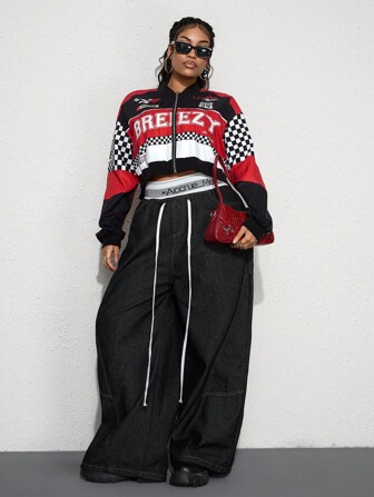 Grunge Punk Chaqueta delgada de mujer de talla grande con contraste de color, estampado a cuadros y letras, de estilo casual y de motocicleta de carreras punk