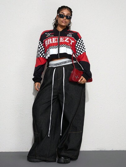 Grunge Punk Giacca corta da donna casual da motociclista punk, stile contrast color, con stampa a quadri e lettering, adatta a taglie comode, giacca leggera