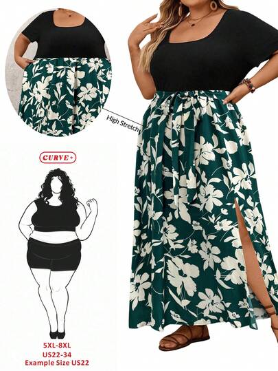 SHEIN CURVE+ 法式大码休闲简约时尚日常连衣裙、沙滩裙、太阳裙、波西米亚风度假装、加大码曲线裙、波西米亚风女士度假沙滩装/沙滩裙/沙滩度假装/沙滩必备品/毕业/茶会礼服