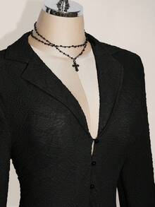 SHEIN ICON ICON PLUS 生菜邊飾不對稱下擺透視上衣 無內衣設計 大尺碼女上衣-1891，Y2K黑色上衣，秋季 - 黑色 - 查看 5