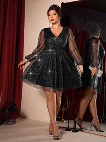 Cravure Robe de soirée élégante et formelle pour femmes grandes tailles, avec manches lanternes, col en V, empiècement en dentelle, paillettes et maille, idéale pour les fêtes, anniversaires et sorties en club - Noir - Voir 3