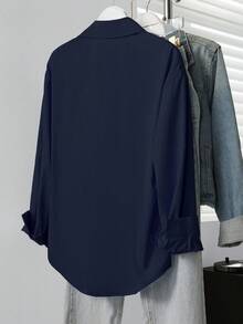 INAWLY 女士休闲蝴蝶结纽扣长袖衬衫 - 藏蓝色 - 查看 2