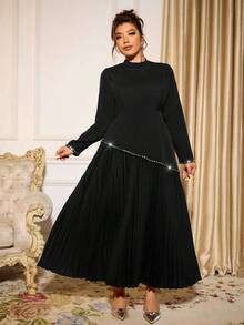 Cravure 大码女式新款长袖重彩褶饰喇叭下摆修身优雅浪漫约会派对连衣裙 - 黑色 - 查看 1