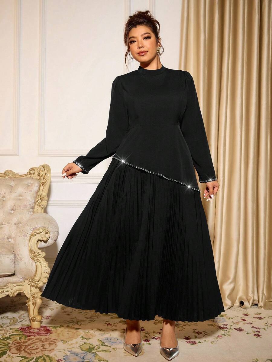 Cravure 大码女式新款长袖重彩褶饰喇叭下摆修身优雅浪漫约会派对连衣裙 - 黑色 - 查看 1