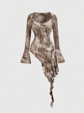 Grunge Punk Blusa de mujer con mangas largas, bajo asimétrico con volantes y efecto tie-dye desgastado, estilo Y2K