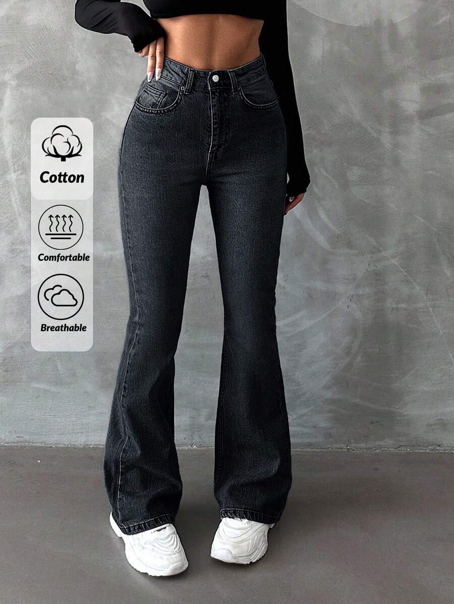 EURMUSE 98%Cotton Women's High Waisted Flared Y2K Jeans - Dark Wash - View 1