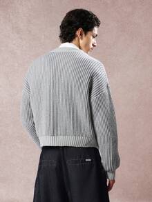 SUMWON 短款罗纹针织纽扣前开衫双色下摆经典秋冬多层休闲基本款学院风针织衫学院风时尚 - 灰色 - 查看 2