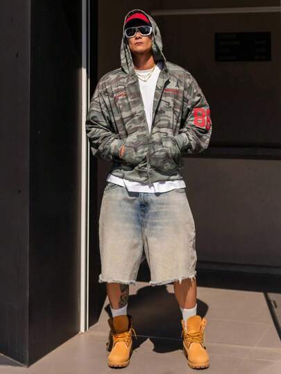 DAZY Men's Camouflage Pattern Letter Embroidery Hooded Streetwear Sweatshirt Sweatshirt, Autumn