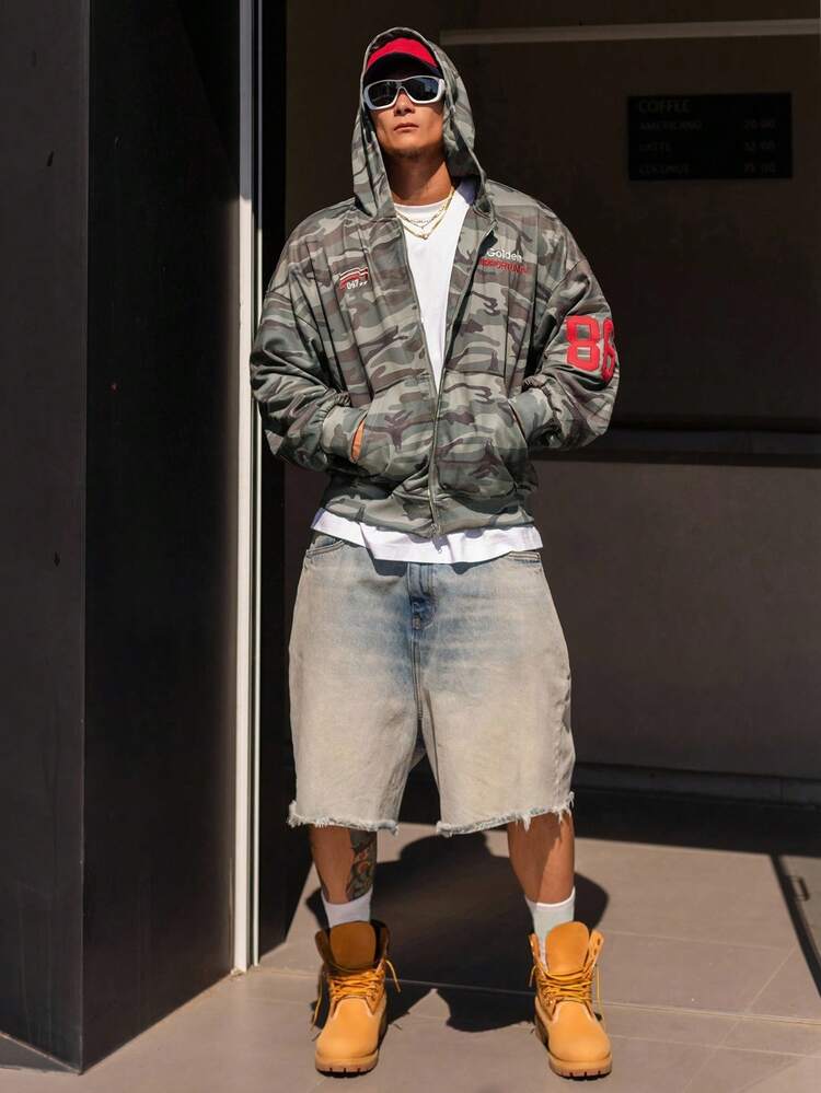 Men's Camouflage Pattern Letter Embroidery Hooded Streetwear Sweatshirt Sweatshirt, Autumn