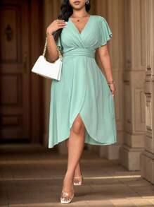 SHEIN Belle Vestido de mujer con mangas de volantes, abertura en el bajo y un solo color - verde menta - Ver 4