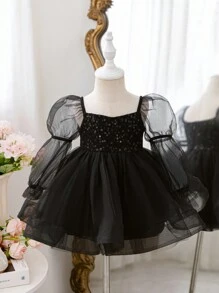 Elegant Black Mesh Long Sleeve Dress, Babygirl Fall Winter - Black - View 2