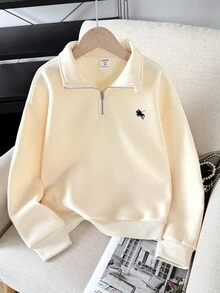 Tween Girls Apricot Half-Open Zipper Pullover Oversized Sweatshirt With Embroidery,White Autumn Casual School Back-To-School American Style Fall Tops - Beige - View 1