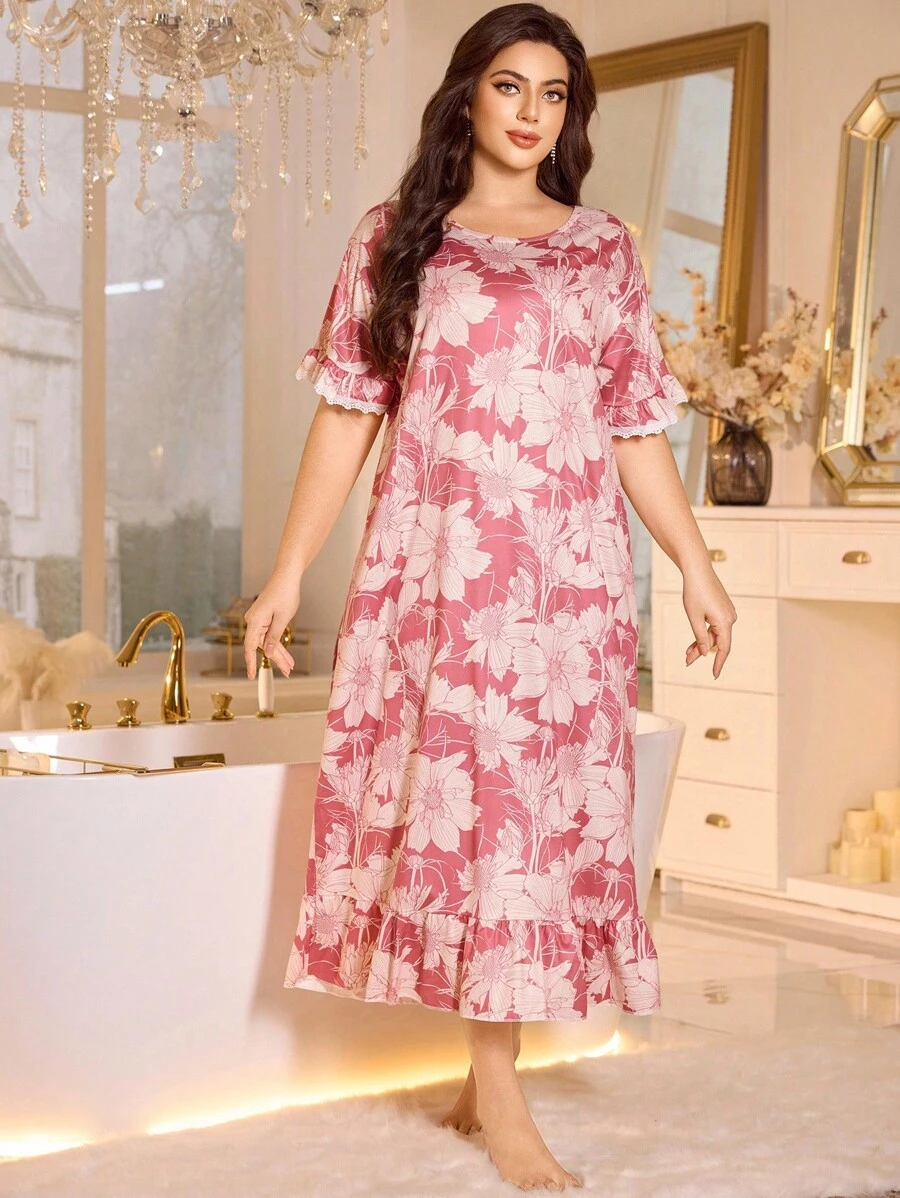 LuxeNights 大码女式花卉印花圆领短袖荷叶边下摆睡裙 - 彩色 - 查看 1