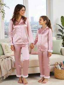 少女粉色开衫领仿丝羊毛装饰家居服套装 - 粉色 - 查看 7