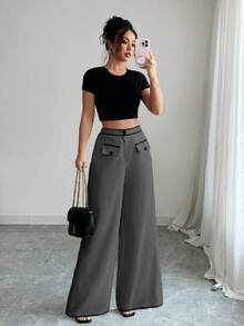 Elenzga Bohemian Contrast Ribbon Button Mature Charm Elegant Loose Wide Leg Maxi Women Pants, Spring/Summer Fall Cloth For Women