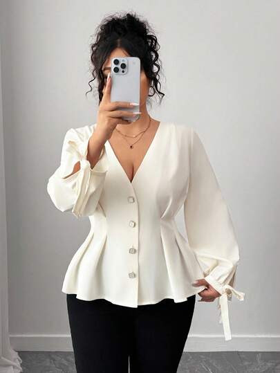 Elenzga Plus Size Fashion Waist Cinched Flared Hem Elegant Light Color Button Design Shirt Fall Cloth For Women