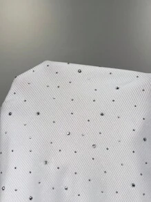 SHEIN EZwear Plus Size Nữ Mùa Hè Màu Trơn Kim Cương Giả Tôn Tạo Slim Fit Xếp Ly Áo Không Tay Có Cổ Tròn - trắng - Xem 5