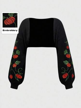 Goth Plus Size Women Gothic Pumpkin Vine Embroidery Cropped Shrug Thin Cover Up Outerwear For Halloween