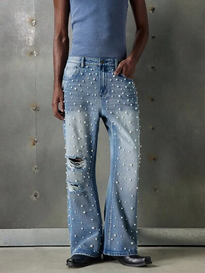 NEON BLANC Men's Casual Fashion Street Faux Pearl Decor Blue Washed Distressed Flare Jeans, Belt Not Included