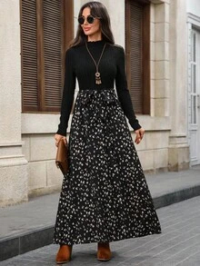 EMERY ROSE Women's Floral Print Stand Collar Elegant Long Sleeve Dress Maxi Long Sleeve Dress Long Casual Dress Animal Print Maxi Dress Modest Maxi Dress Black Tie Waist Maxi Dress Fall Clothes For Women,Fall Dresses For Women,Dresses For Women Elegant  Dresses For Women Elegant  Dresses For Women Elegant