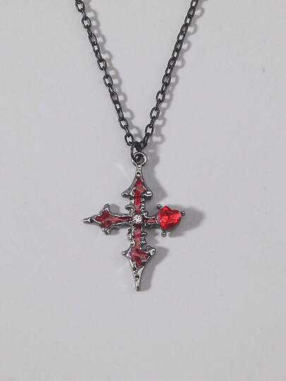 Goth 1pc Gothic Vintage Dark Cross Rhinestone Necklace, Holiday Party Gift