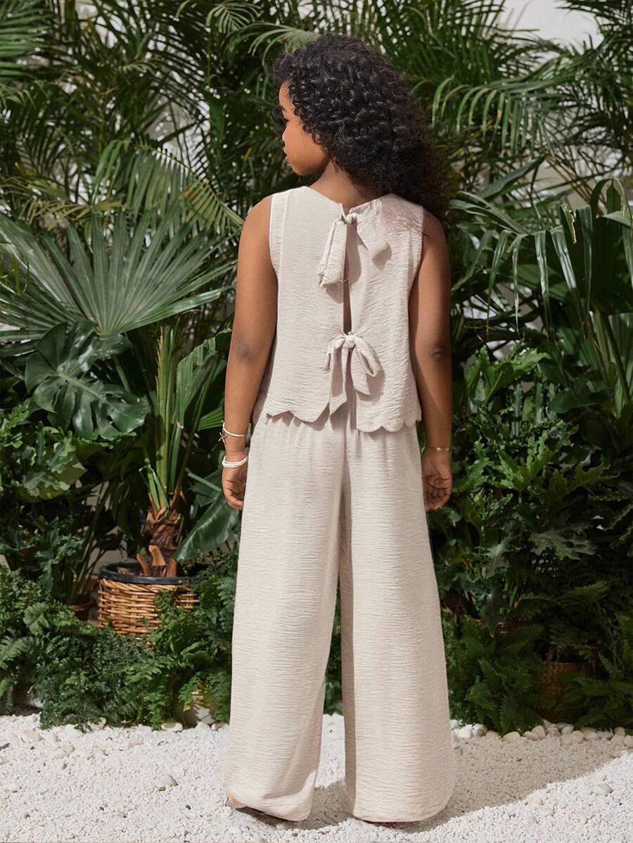 SHEIN SLAYR KIDS Tween Girls' Elegant Plain Weave Open Front Sleeveless Top & Straight Leg Pants Set Holiday Outfits - Khaki - View 1