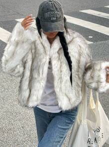 SHEIN EZwear 女士秋冬前开襟短款毛绒外套 - 白色 - 查看 5