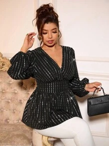 Cravure Áo cánh kẻ sọc chữ A cổ chữ V dài tay dự tiệc thanh lịch cỡ lớn - màu đen - Xem 8