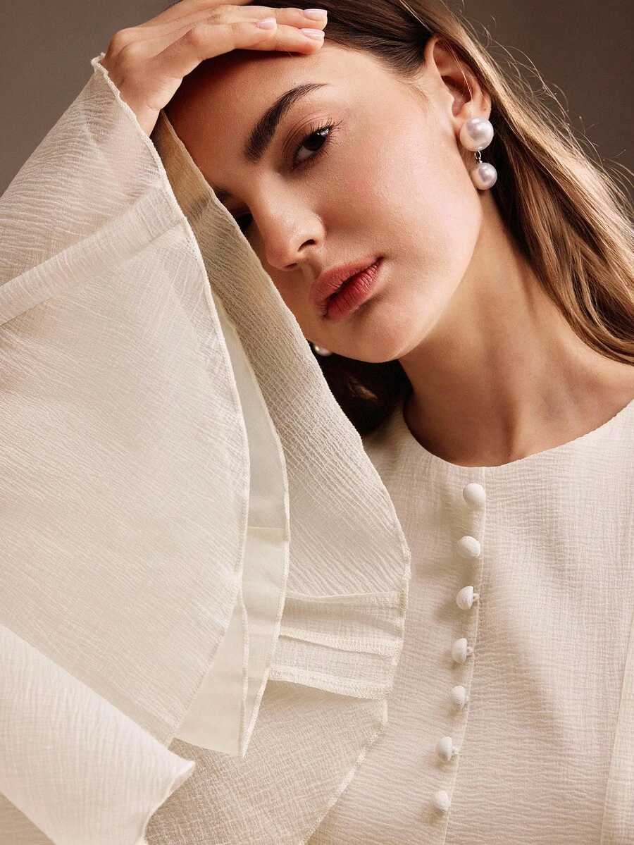 Anewsta 女士优雅连衣裙，圆领喇叭长袖纽扣腰喇叭短裙，白色 - 杏色 - 查看 1