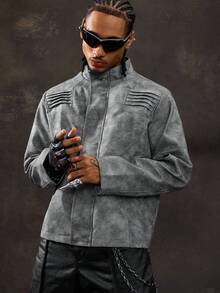 ROMWE MEN Casual Men's Retro Distressed Stand Collar Jacket, Fall Winter - Black - View 5
