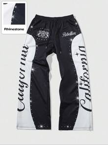 ROMWE MEN Street Life Men's Zebra Rhinestone Letter Print Drawstring Waist Sweatpants - Black - View 3