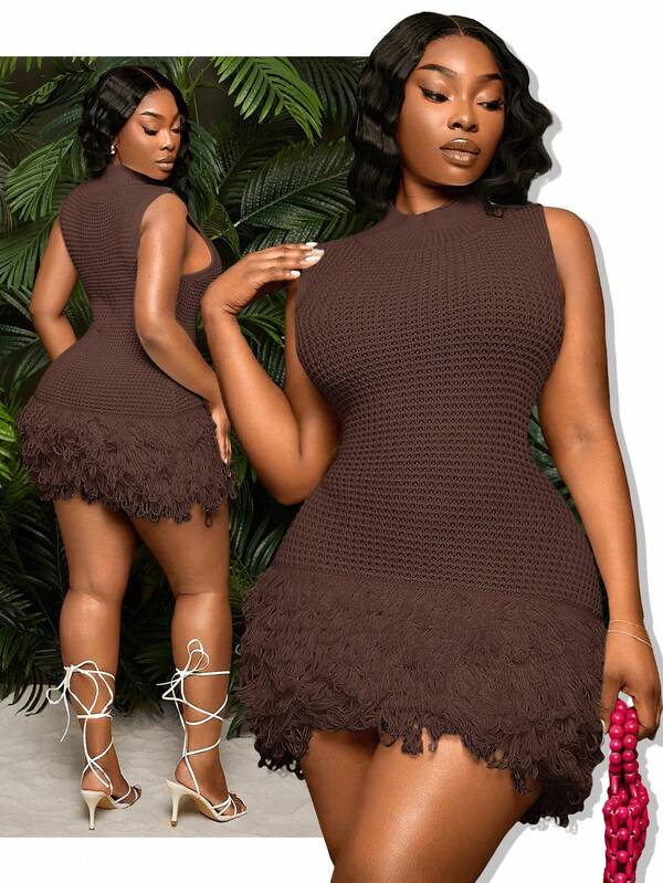 SHEIN SXY Women's New Sleeveless Hollow Out Fringe Mini Bodycon Knit Dress, Suitable For Everyday Wear, Music Festival, Concert, Carnival Party, Beach Vacation,Business, Retro, Party, Resort, Outing, Old Money,Siren Coquettish, Prom, Ball, Valentine's Day, Cruise Attire, Commuting,  Richly Layered, Date Night, Gathering, Minimalism, Birthday, Formal Event, Break, Modest, Chic, Casual, Shopping, Street Wear, Going Out, Coquette Crochet Dress Brown Fringe Dress Brown Mini Dress,Fall