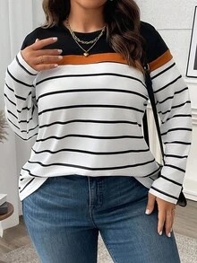 EMERY ROSE Plus Size Color Block Striped Long Sleeve Women T-Shirt Graphic Tee For Spring