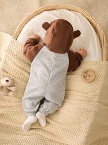 SHEIN Newborn Baby Unisex Plush Bear Hooded Jumpsuit, Casual Color Block Design, Autumn/Winter Baby Clothes, Baby Halloween Costume Newborn Baby Boy Winter Clothes Hooded Baby Jumpsuit Baby Boy Winter Jumpsuit Zip Up Baby Jumpsuit Fall - Multicolor - View 8